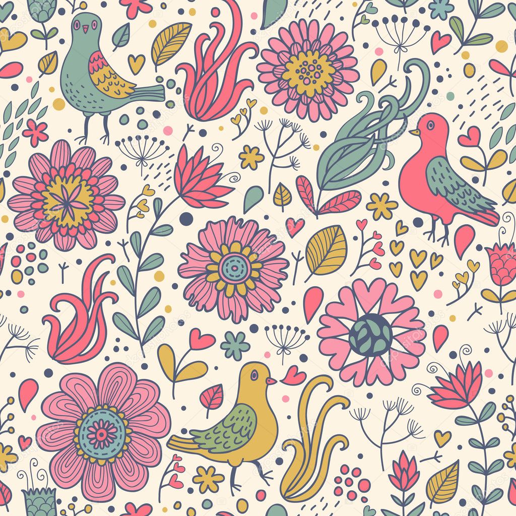 Pigeons in vintage flowers. Classical seamless pattern in vector