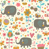 Kreslený bezešvé vzor pro dětské tapety. Roztomilý sloni v květiny a motýli