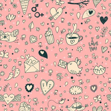 kuşlar, çay ve Kahve kupaları, tatlı kek ile romantik karikatür seamless modeli