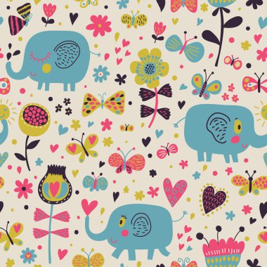 Çizgi film çocuk duvar kağıtları için seamless modeli. Çiçekler ve kelebekler şirin filler