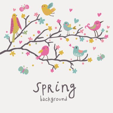 Spring background. Stylish illustration in vector. Cute birds on branches. Light romantic card. Can be used for wedding invitation.