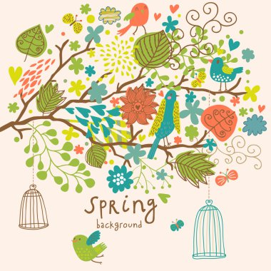 ağaç ni çiçek kafes dışına kuşlarda. Bahar kavramı vektör arka planda. çiçek kompozisyon-ebilmek var olmak kullanılmış ans düğün davetiyesi