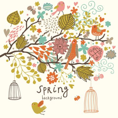 ağaç ni çiçek kafes dışına kuşlarda. Bahar kavramı vektör arka planda. çiçek kompozisyon-ebilmek var olmak kullanılmış ans düğün davetiyesi