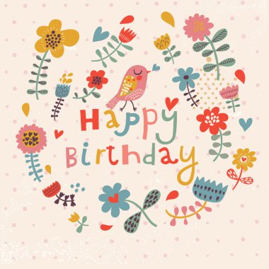 Beautiful happy birthday greeting card with flowers and bird. Vector party invitation with floral elements. clipart