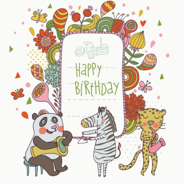 karikatür komik panda, zebra ve leopar happy birthday tebrik ediyor. güzel tatil kartı vektör