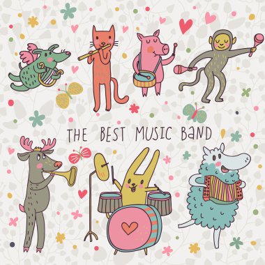 En iyi müzik grubu. çeşitli müzik aletleri - davul, akordeon, flüt, trompet vektör oynamaya karikatür hayvanlar