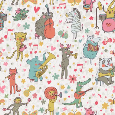 hayvanlar müzisyenler: Aslan, leopar, fil, domuz, kedi, köpek, panda, ayı, geyik, timsah, maymun, koyun, tavşan ve zebra karikatür Dikişsiz desen vektör