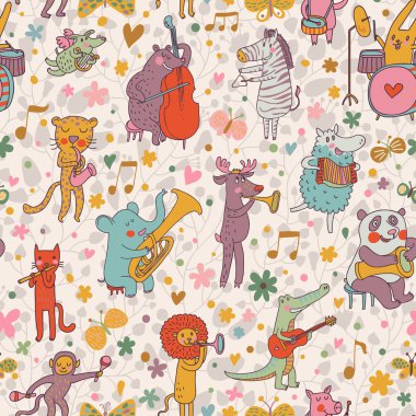 hayvanlar müzisyenler: Aslan, leopar, fil, domuz, kedi, köpek, panda, ayı, geyik, timsah, maymun, koyun, tavşan ve zebra karikatür Dikişsiz desen vektör