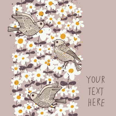 Spring seamless pattern in pastel colors. Birds in flowers vector background