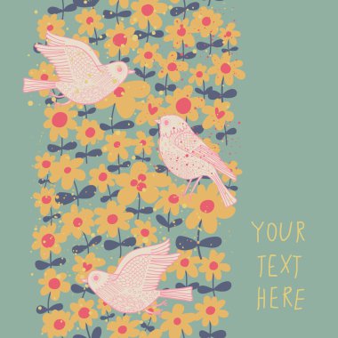 Spring seamless pattern in pastel colors. Birds in flowers vector background