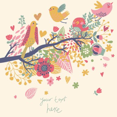 Bahar konsept illüstrasyon. çiçekler dalda kuş çizgi film. çiçek bahar vektör arka planda. düğün davetiyesi kullanılabilir