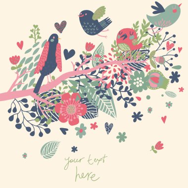 Bahar konsept illüstrasyon. çiçekler dalda kuş çizgi film. çiçek bahar vektör arka planda. düğün davetiyesi kullanılabilir