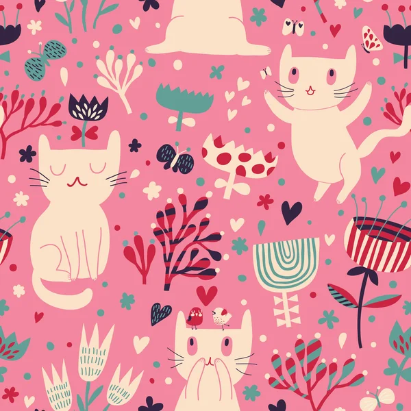 Papel pintado de dibujos animados románticos. Fondo infantil con divertidos gatos y flores. Patrón sin costura se puede utilizar para fondos de pantalla, rellenos de patrones, fondos de página web, texturas de superficie . — Vector de stock