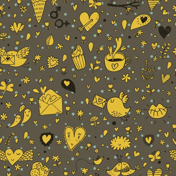 Dessin animé romantique motif sans couture avec des oiseaux, thé et tasses à café, gâteaux sucrés — Image vectorielle