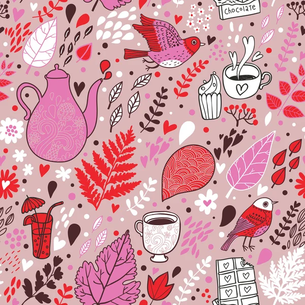 Tea and coffee drinking concept background. Vintage floral seamless pattern. — Stock Vector