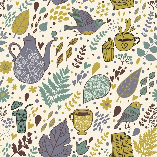 Thé et café boire concept fond. Vintage motif floral sans couture . — Image vectorielle