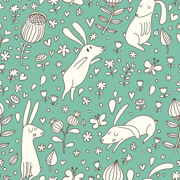 Conejos en el prado de flores. Dibujos animados patrón sin costuras con buenas liebres lindas en el vector . — Archivo Imágenes Vectoriales