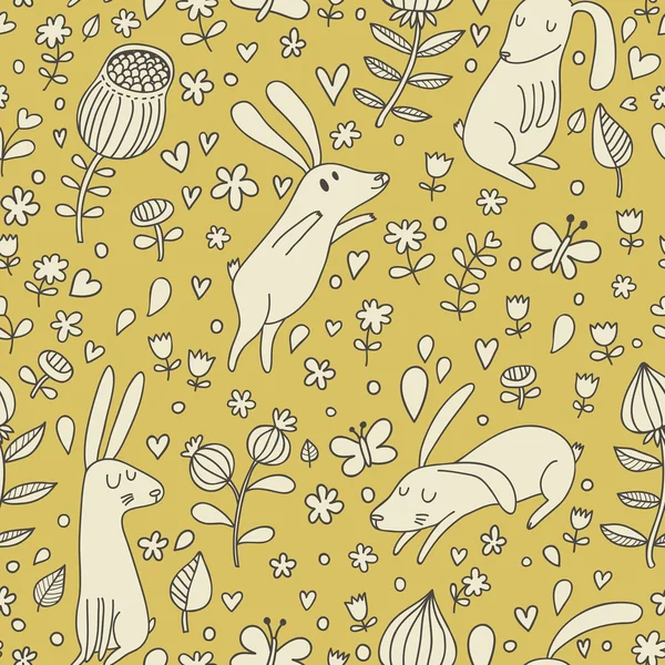 Conejos en Prado de la flor. patrón sin costuras de dibujos animados con liebres lindas linda en vector. — Stockvector