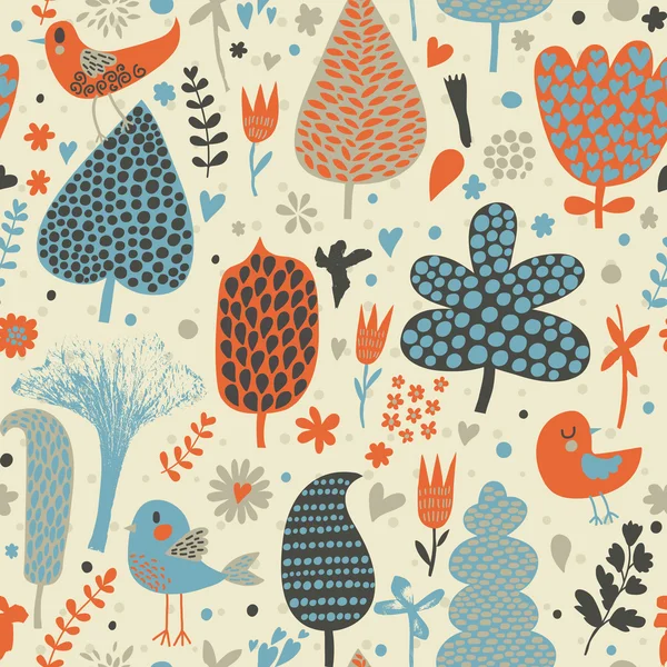 Patrón floral brillante sin costuras con aves de dibujos animados — Archivo Imágenes Vectoriales