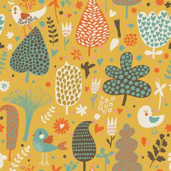 Bright floral seamless pattern with cartoon birds — Stock Vector