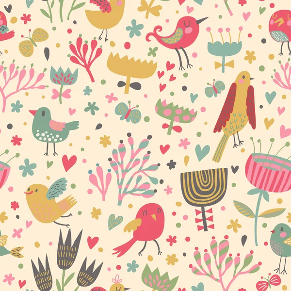 Dibujos animados colorido patrón sin costura. Lindas aves en flores — Vector de stock