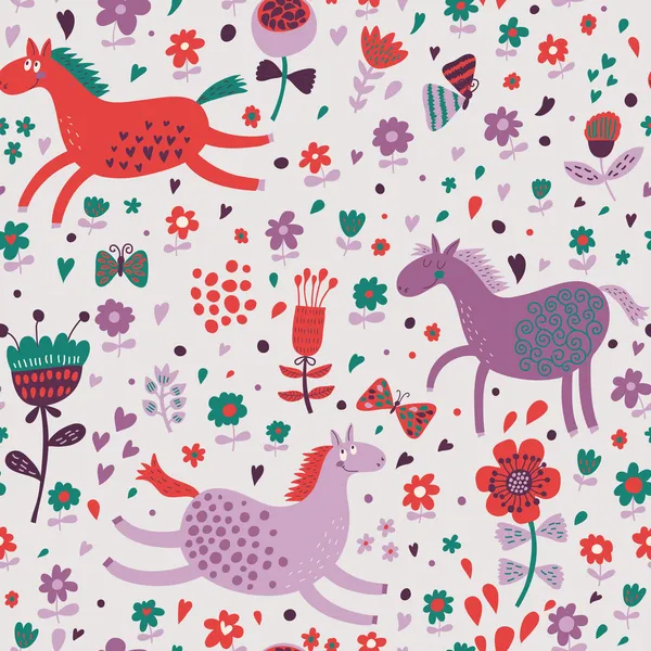 Childish cartoon seamless pattern funny horses in flowers. Seamless pattern can be used for wallpapers, pattern fills, web page backgrounds, surface textures. — Stock Vector