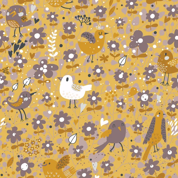 Bright seamless pattern with birds and flowers. Бесшовный узор может быть использован для обоев, наполнителей шаблонов, фонов веб-страниц, текстур поверхности. Великолепный бесшовный цветочный фон — стоковый вектор