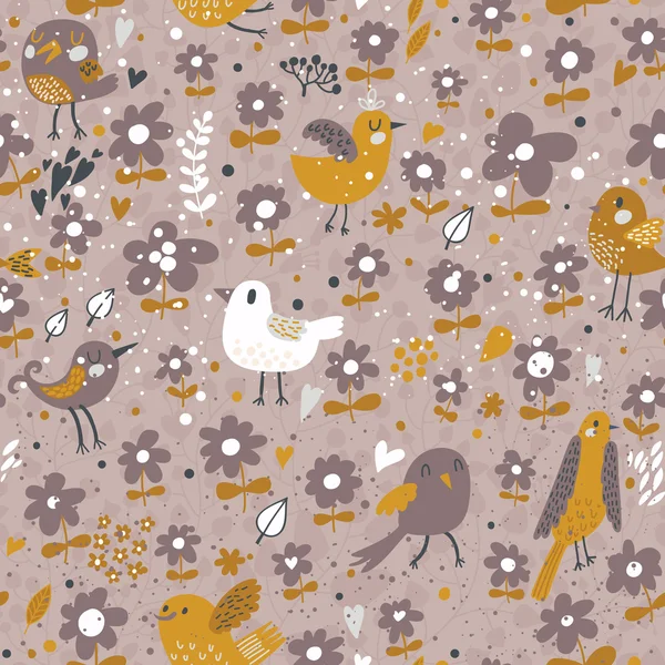 Bright seamless pattern with birds and flowers. Бесшовный узор может быть использован для обоев, наполнителей шаблонов, фонов веб-страниц, текстур поверхности. Великолепный бесшовный цветочный фон — стоковый вектор