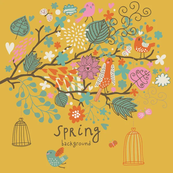 Birds on the tree ni flowers out of cages. Spring concept background in vector. Floral composition can be used ans wedding invitation — Stock Vector