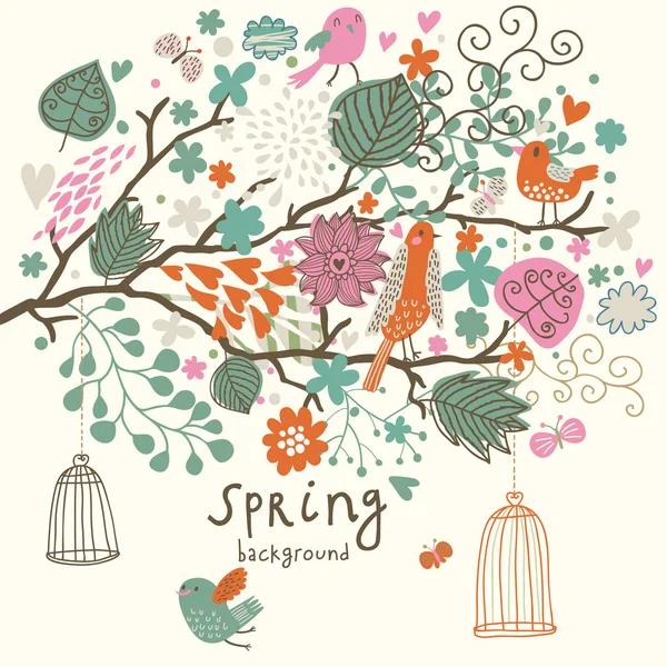 Birds on the tree ni flowers out of cages. Spring concept background in vector. Floral composition can be used ans wedding invitation — Stock Vector