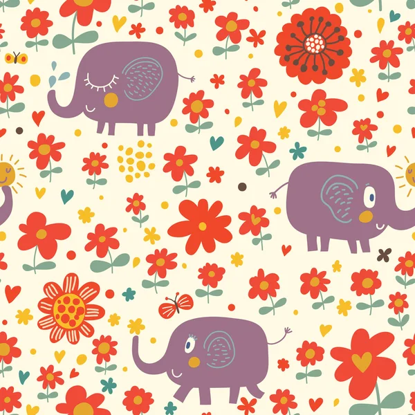 Funny elephants in flowers. Cute cartoon children's illustration — Stock Vector