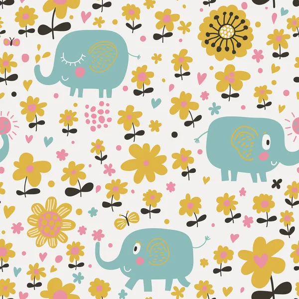 Elefantes indianos em flores. Papel de parede bonito dos desenhos animados. Padrão sem costura pode ser usado para papéis de parede, enchimentos padrão, fundos da página web, texturas de superfície . — Vetor de Stock