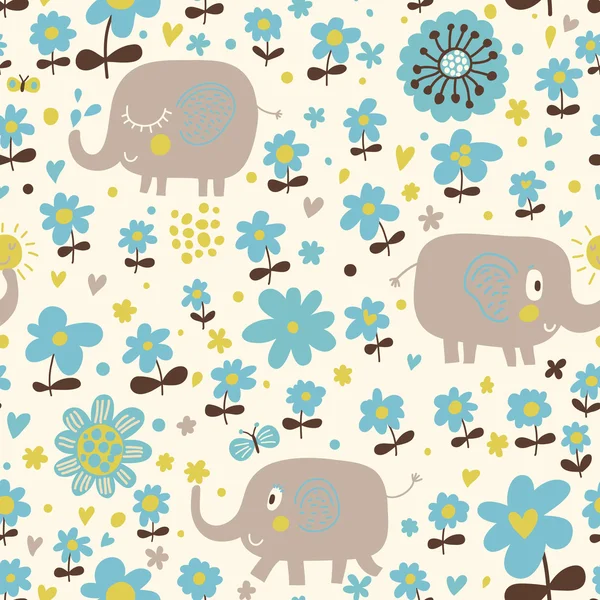 Funny elephants in flowers. Cute cartoon children's illustration — Stock Vector