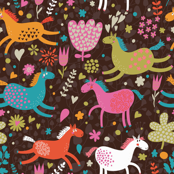 Joyful horses on flower field. Cute cartoon seamless pattern