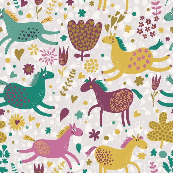 Joyful horses on flower field. Cute cartoon seamless pattern — Stock Vector