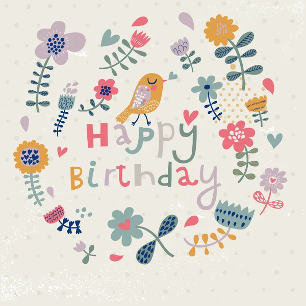 Beautiful happy birthday greeting card with flowers and bird. Vector party invitation with floral elements. — Stock Vector