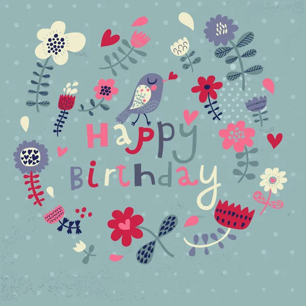 Hermosa tarjeta de felicitación feliz cumpleaños con flores y aves. Vector fiesta invitación con elementos florales. — Vector de stock