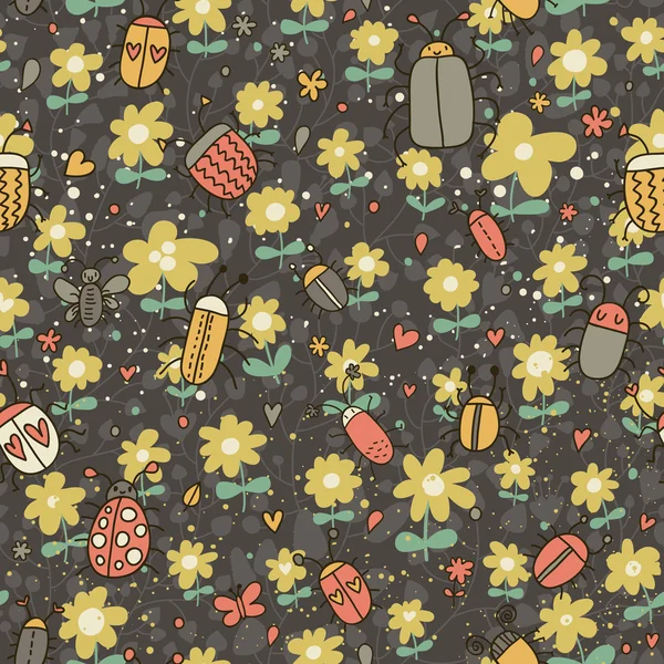 Primavera pradera. Dibujos animados patrón sin costura con insectos y flores en el vector — Vector de stock