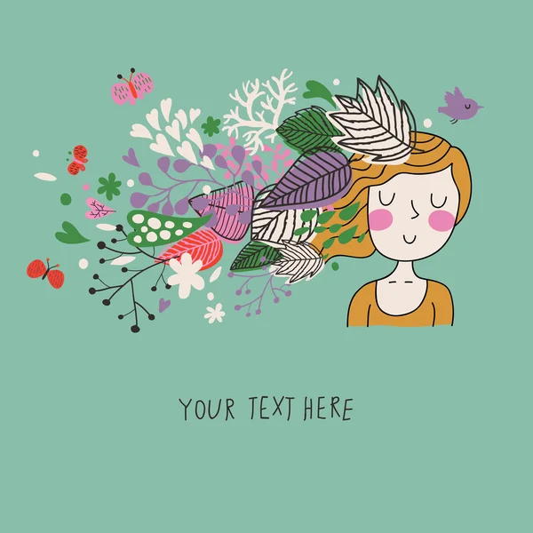 Menina bonita com cabelo de fada feita de flores e folhas em vetor — Vetor de Stock