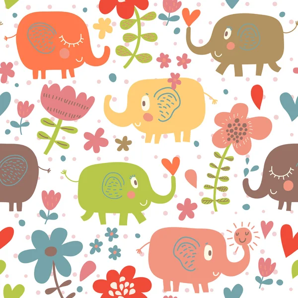 Cartoni animati divertenti elefanti infantili nei fiori. Carino modello senza soluzione di continuità per bei sfondi — Vettoriale Stock