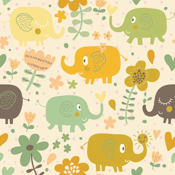 Cartoon funny childish elephants in flowers. Cute seamless pattern for nice backgrounds — Stock Vector