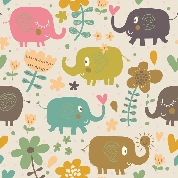 Dibujos animados divertidos elefantes infantiles en flores. Lindo patrón sin costuras para fondos agradables — Archivo Imágenes Vectoriales