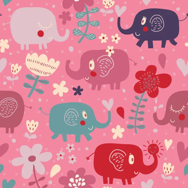 Cartoon funny childish elephants in flowers. Cute seamless pattern for nice backgrounds — Stock Vector