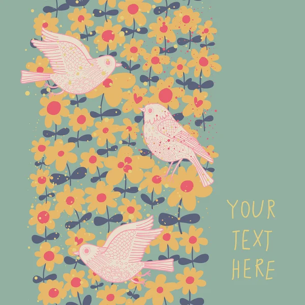 Spring seamless pattern in pastel colors. Birds in flowers vector background — Stok Vektör