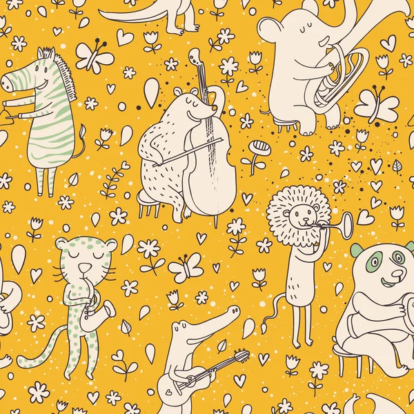 Funny animals musicians in vintage style. Bear, leopard, lion, elk, crocodile, elephant and zebra. Seamless pattern can be used for wallpaper, pattern fills, web page backgrounds, surface textures. — Stock Vector