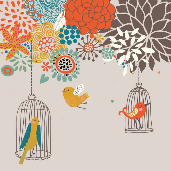 Pájaros en jaulas. Fondo floral de dibujos animados en vector. Concepto primavera — Archivo Imágenes Vectoriales