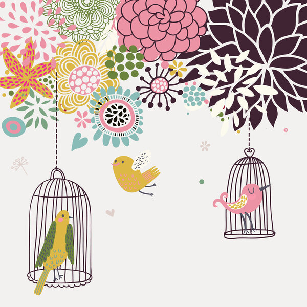 Birds in cages. Cartoon floral background in vector. Spring concept