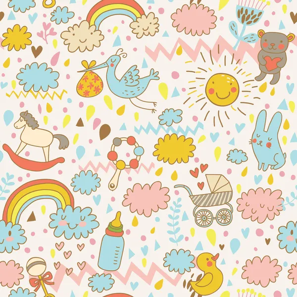 Kavramı bebeğin seamless modeli. Oyuncaklar, çocuk giyim, hayvanlar gökyüzünde. Kağıt bebekler için ambalaj için en iyi desen
