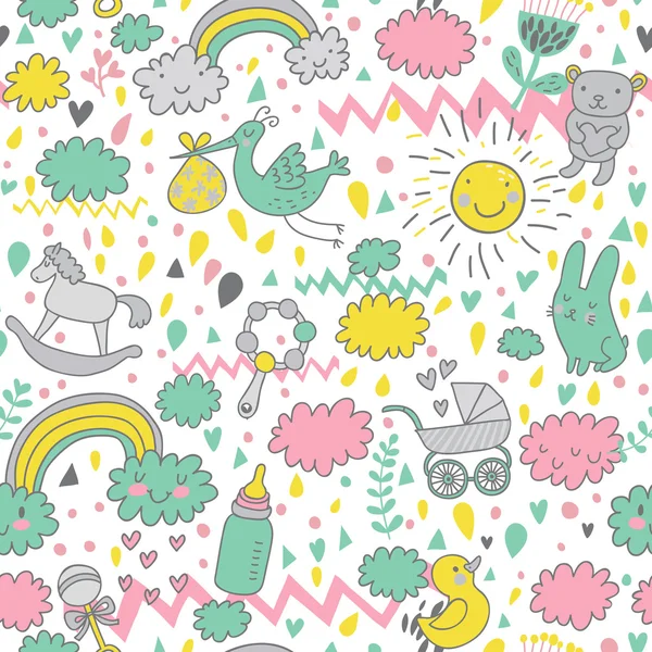 El patrón perfecto del bebé conceptual. Juguetes, ropa de niños, animales en el cielo. El mejor patrón para papel de embalaje para bebés — Archivo Imágenes Vectoriales