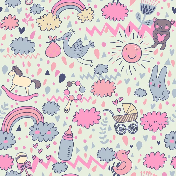 Concept baby 's seamless pattern. Brinquedos, roupas infantis, animais no céu. Melhor padrão para papel de embrulho para bebês — Vetor de Stock